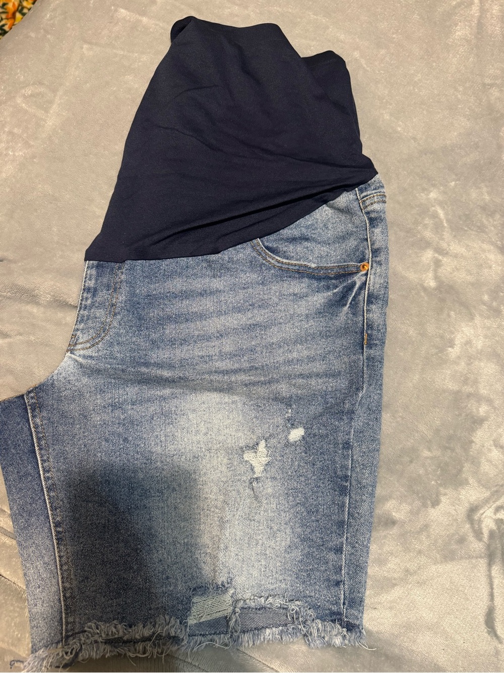 Time and Tru Navy Waistband Blue Distressed Denim Maternity Skirt